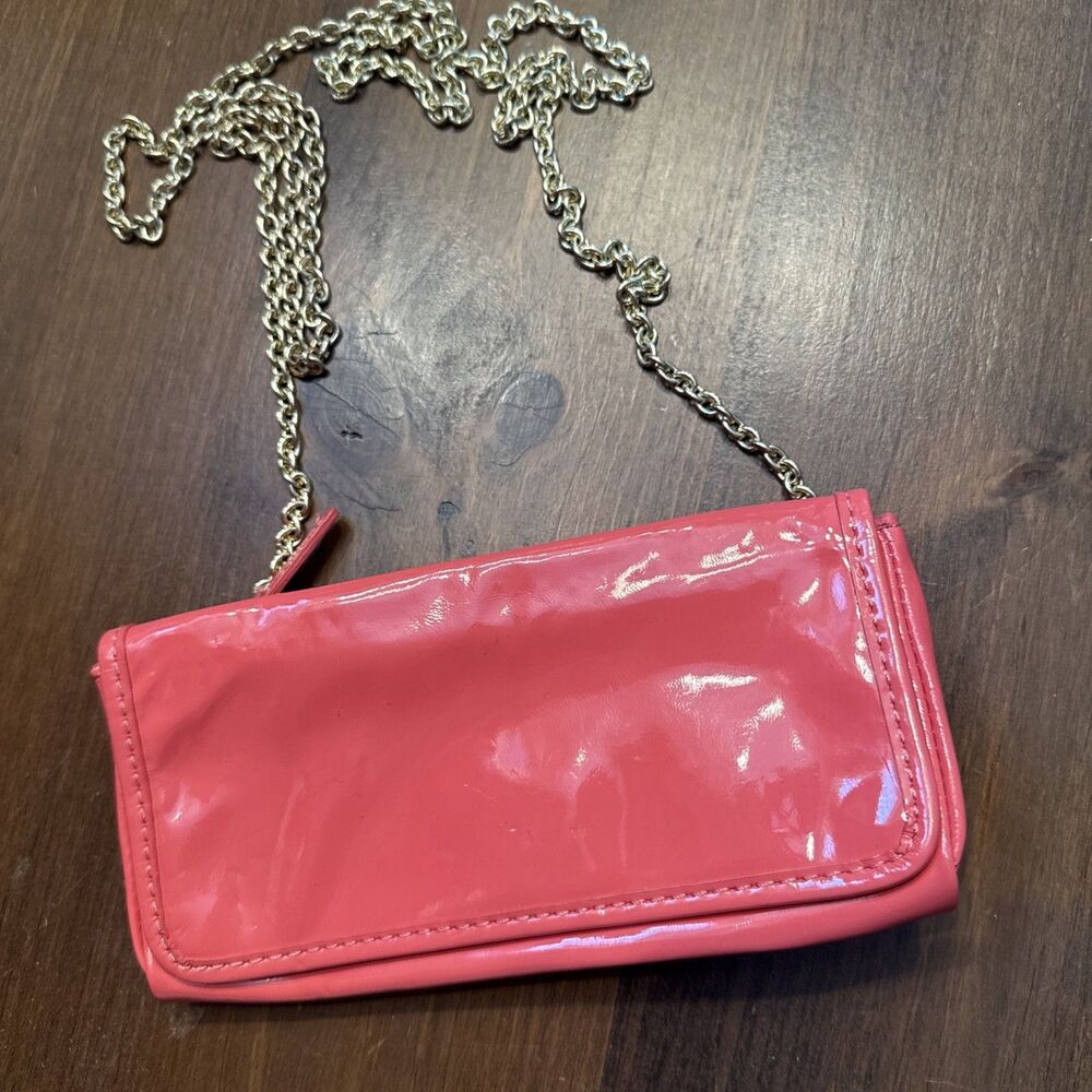CORAL PINK PATENT LEATHER J Crew 100% Leather Clutch With Gold Chain Strap